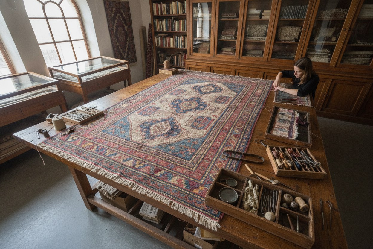 Restorasyon tezgâhında gerilmiş antika el dokuması kilim detayı