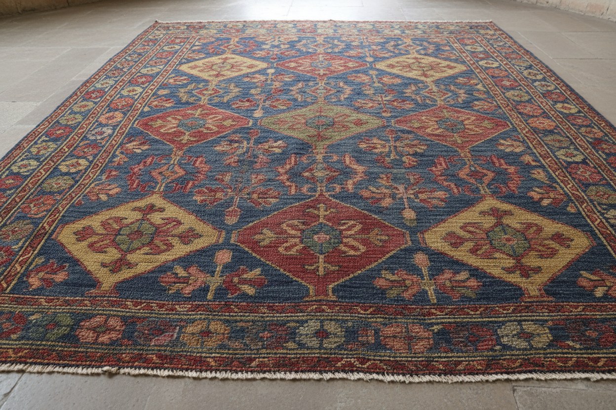 Birebir dokunmuş reprodüksiyon kilim, canlı doğal boya tonlarıyla